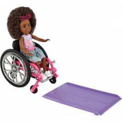 Chelsea Doll & Wheelchair with Chelsea Doll (Curly Brunette Hair) in Skirt & Sunglasses with Ramp & Sticker Sheet Toy for 3 Y...