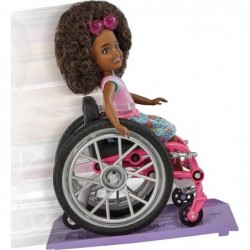 Chelsea Doll & Wheelchair with Chelsea Doll (Curly Brunette Hair) in Skirt & Sunglasses with Ramp & Sticker Sheet Toy for 3 Y...