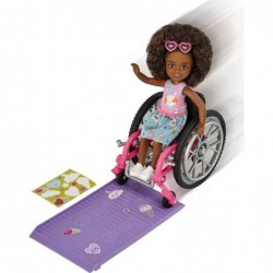 Chelsea Doll & Wheelchair with Chelsea Doll (Curly Brunette Hair) in Skirt & Sunglasses with Ramp & Sticker Sheet Toy for 3 Y...