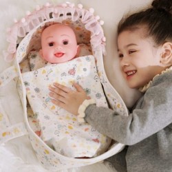 Soft Baby Doll Bassinet with Lace Canopy and Pillow Blanket 3 PCs Doll Carry Cot Set Play Baby Doll Carrier 13 inch - Pink Ro...