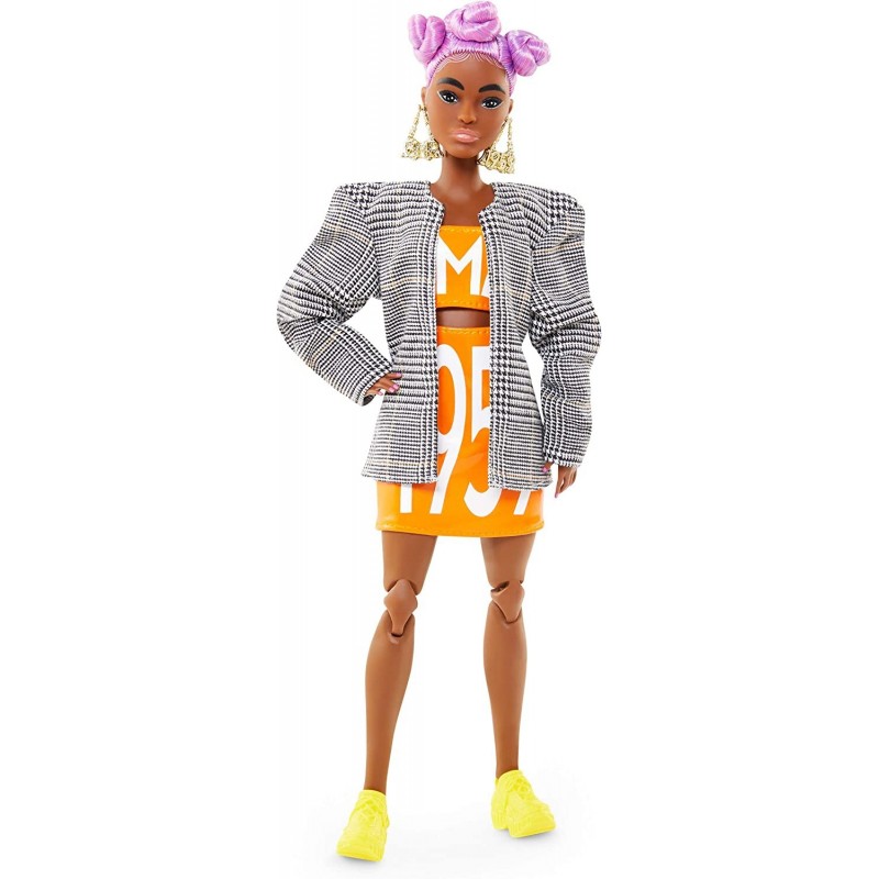 BMR1959 Fully Poseable Fashion Doll (11.5-inch) Petite with Lilac Hair Matching Logo Top and Skirt with Blazer with Doll Stan...