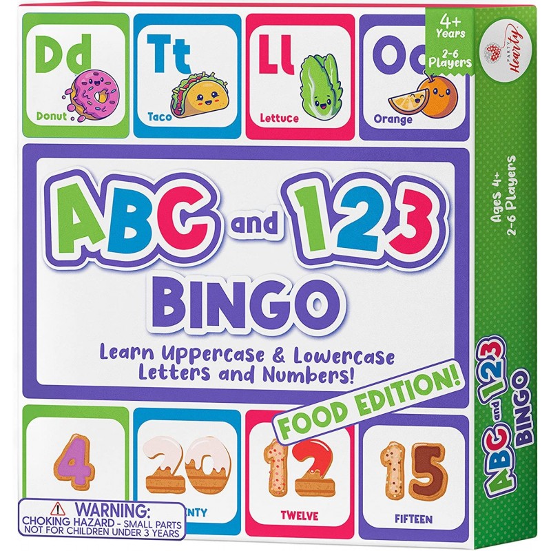 Alphabet and Number ABC and 123 Bingo Board Game for Kindergarten and Preschool Kids Learn to Read Fun and Cute Foods Version...