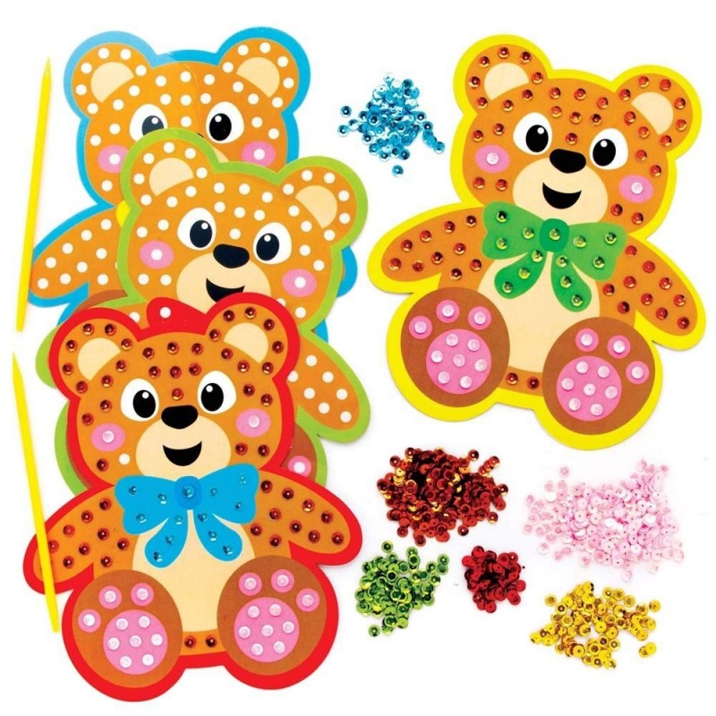 FE364 Teddy Bear Sequin Art Kits - Pack of 4 Make Your Own Childrens Art Set Creative Activities for Kids Decorate Your Own A...