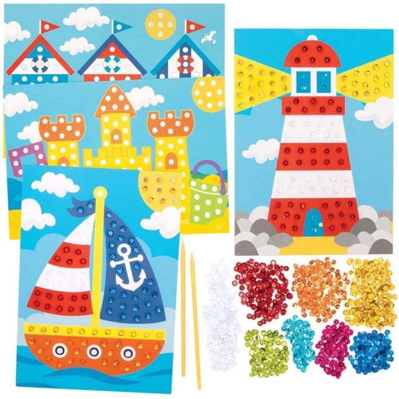 FE297 Seaside Sequin Art Kits - Pack of 4 Make Your Own Childrens Art Set Creative Activities for Kids Decorate Your Own Arts...