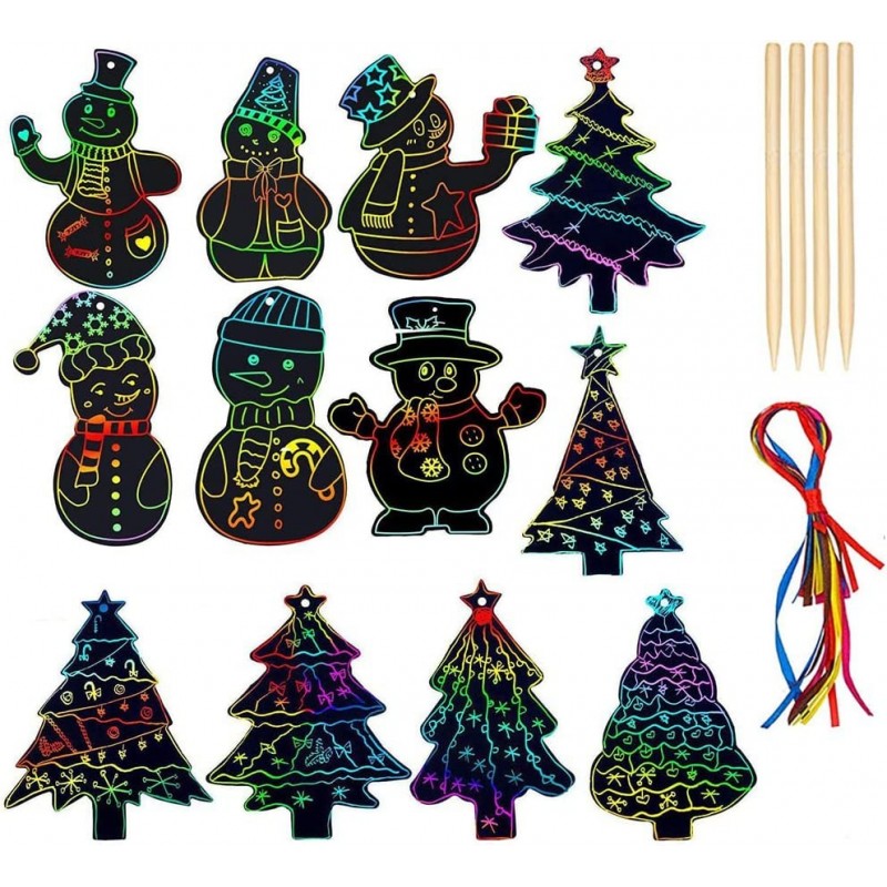 Christmas Scratch Paper Art Set Rainbow Color Snowman Tree Magic Card Decorations Kid’s Party Favors Craft Supplies Puzzle Ho...