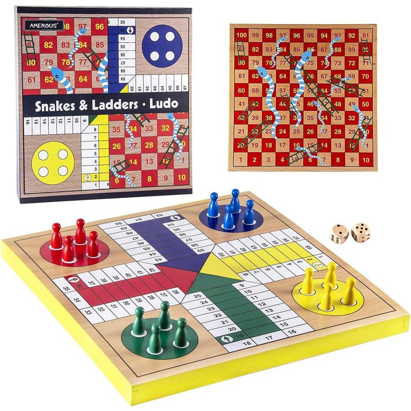 12 inches Wooden Ludo Board Game - Snakes and Ladders 2 in 1 Reversible 1-4 Players Family Dice Games Set for Kids Adults Cla...