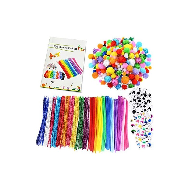 Pipe Cleaners Craft Set with DIY Tutorial Included 200Pcs Multicolor Pipe Cleaners Chenille Stems 200Pcs Pom Poms 200Pcs Self...