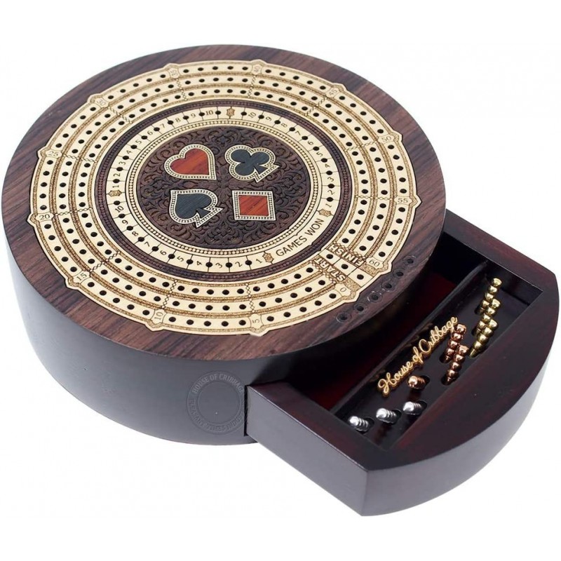 Round Shape 3 Track Non-Continuous Cribbage Board - Push Drawer Storage for Pegs and 1 Deck of Cards with Score Marking Field...