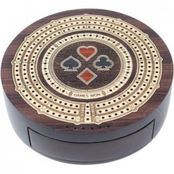 Round Shape 3 Track Non-Continuous Cribbage Board - Push Drawer Storage for Pegs and 1 Deck of Cards with Score Marking Field...