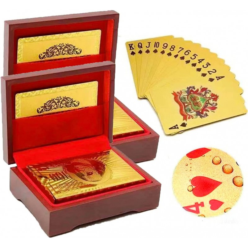 Yuiviot（2 Pack） Mahogany Wooden Gift Box Case and 2 Decks of 24k Gold Plated Waterproof Playing Cards Poker Luxury for Poker ...