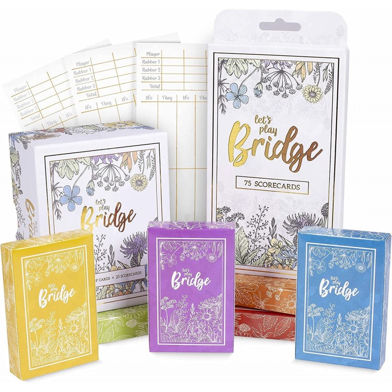 Let's Play Bridge | Complete Classic Card Game & Scorecard Bundle Set | 6 Unique Colorful Decks | Includes 100 Scorecards for...