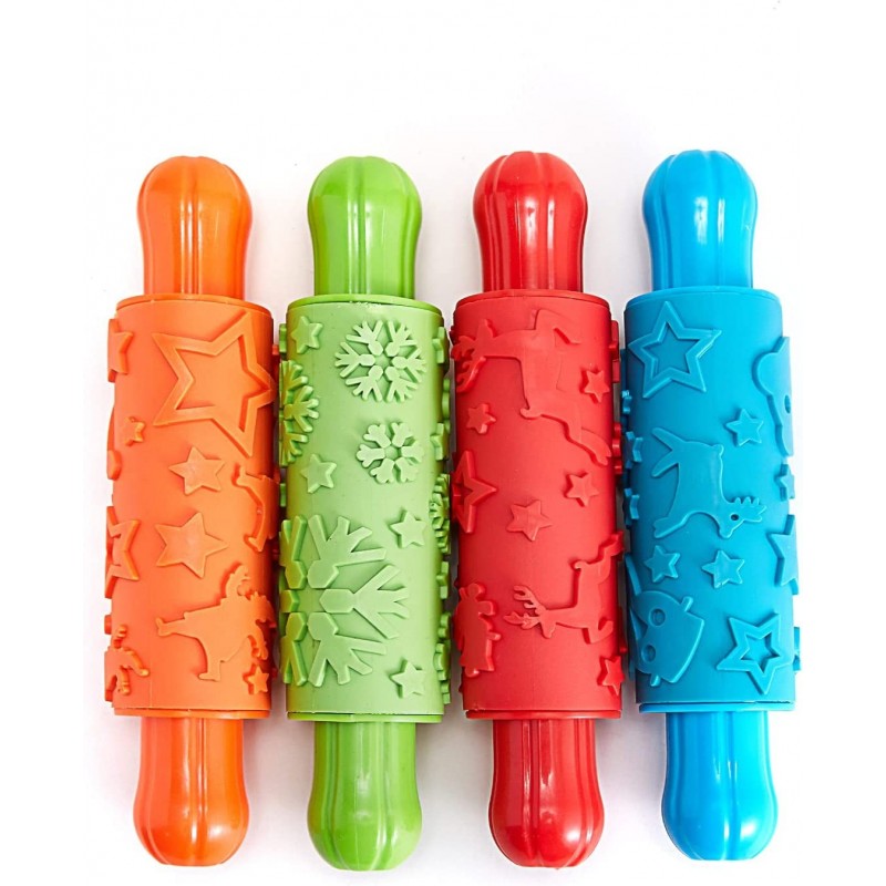 4 Pack Paint Clay Xmas Pattern Texture Rubber Rollers Soft Clay Plasticine Dough Modelling Rolling Pins for Kids Art Playing ...