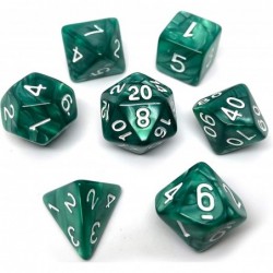 Marble Swirl Polyhedral Dice Set - 7 Piece Dice Set with One D20 D12 D10 D8 D6 D4 and D00 (Green Marble with White Font) $15....