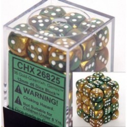 Dice d6 Sets: Gemini Gold & Green with White - 12mm Six Sided Die (36) Block of Dice $24.99 Game Accessories