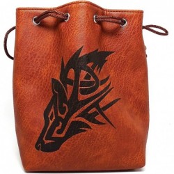 Brown Leather Lite Large Dice Bag with Wolf Design - Brown Faux Leather Exterior with Lined Interior - Stands Up on its Own a...