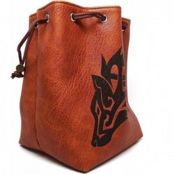 Brown Leather Lite Large Dice Bag with Wolf Design - Brown Faux Leather Exterior with Lined Interior - Stands Up on its Own a...