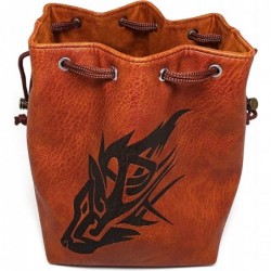 Brown Leather Lite Large Dice Bag with Wolf Design - Brown Faux Leather Exterior with Lined Interior - Stands Up on its Own a...