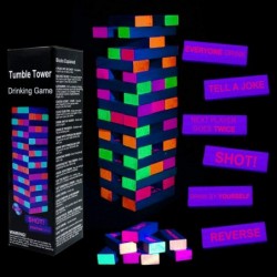 Black Light Tumble Tower Game Set 54 Blocks with Funny Commands and Games on 45 of Them Perfect Pregame Party Starter Funny N...