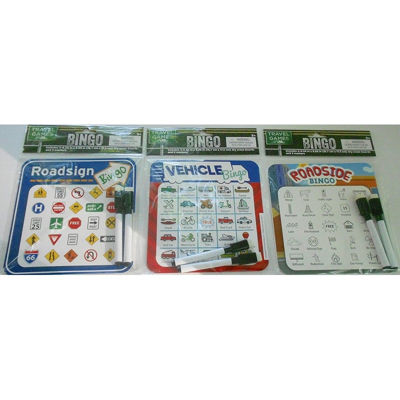 Travel Games Vehicle & Road Side & Road Sign Bingo Games Bundle - 3 Different Bingo Games - 6 Dry Erase Boards & Markers $32....