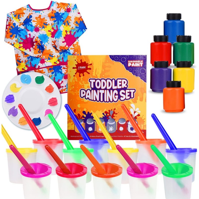 Toddlers Painting Set with Spill Proof Paint Cups– 32 Piece Paint Set with Washable Water Based Tempera Paint Brushes Art Smo...