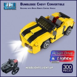 Building Brick Remote Control Bumblebee Chevy Convertible with Headlights That Light up 300 pc Compatible with Major Brands $...