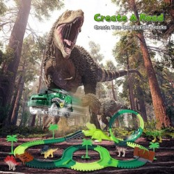 Dinosaur Toys Race Car Track Spray Dinosaur Racing Car Tracks Toy Flexible Tracks with 360 Loop Create a Road Dinosaur Escape...