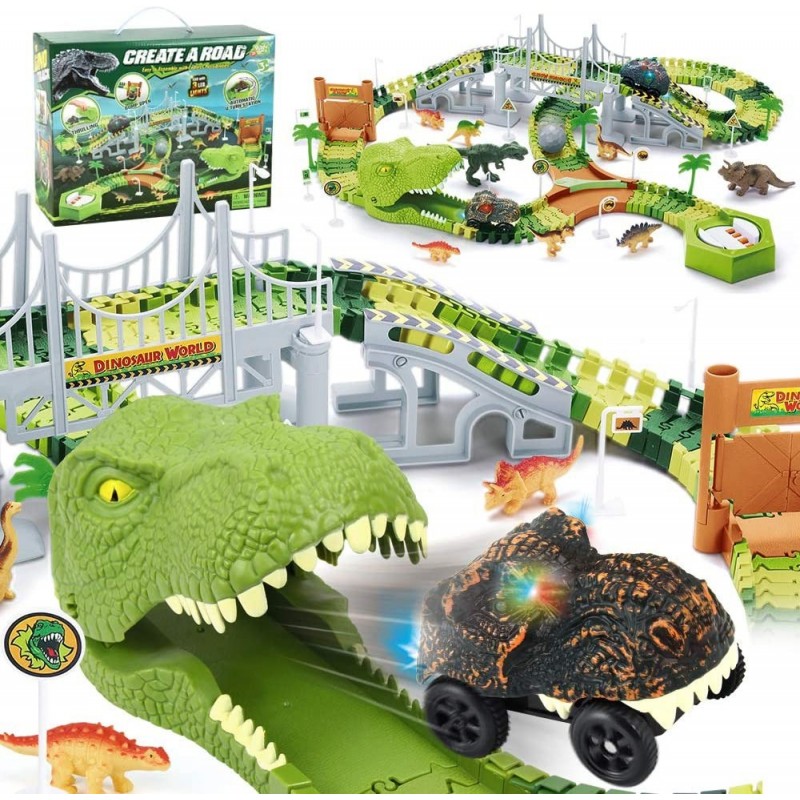 Dinosaur Toys Race Track 174pcs Flexible Track Set with 2 Dino Cars Create a Dinosaur World Road Race Include 8 Dinosaur Figu...