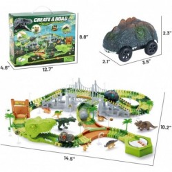 Dinosaur Toys Race Track 174pcs Flexible Track Set with 2 Dino Cars Create a Dinosaur World Road Race Include 8 Dinosaur Figu...