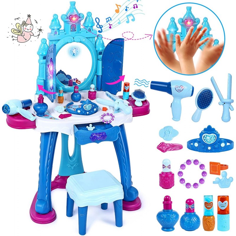 Kids Vanity Toys for 2 3 4 5 Year Old Girls Gifts Magical Toddler Vanity Set for Little Girls Vanity Set with Mirror Stool Li...