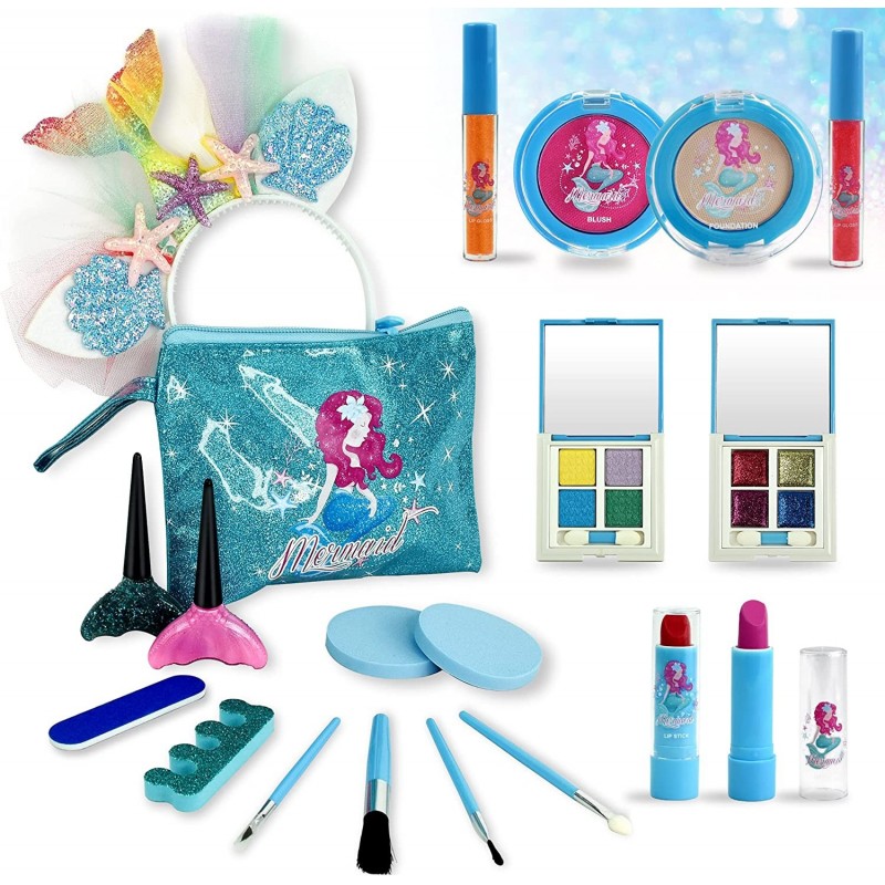 Kids Makeup Kit for Girl 20Pcs Washable Non Toxic Stage Makeup Show Toys Toddler Carrying Cosmetic Bag Mermaid Dress Up Real ...