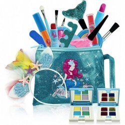 Kids Makeup Kit for Girl 20Pcs Washable Non Toxic Stage Makeup Show Toys Toddler Carrying Cosmetic Bag Mermaid Dress Up Real ...