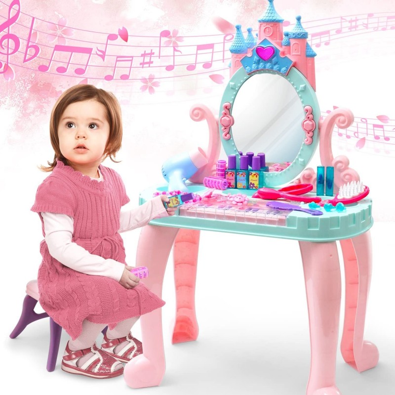 Toddler Piano Vanity Set with Mirror and Stool/Pretend Makeup Accessories Toys for 3 4 5 Year Old Girls Princess Play Set Bea...