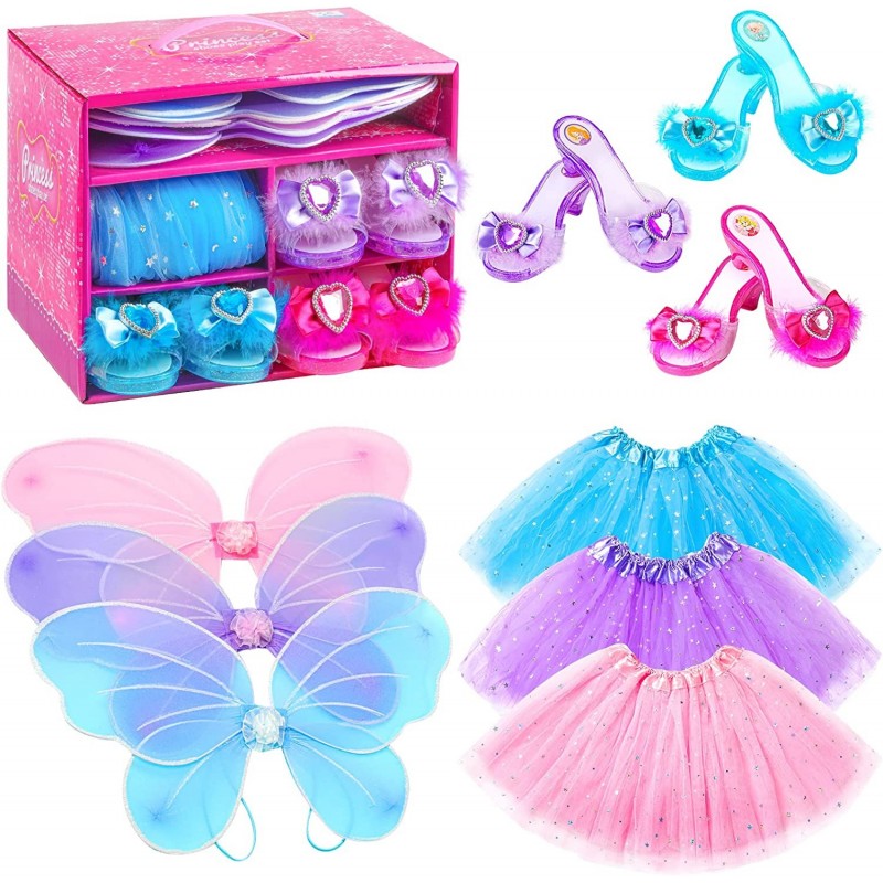 Princess Dresses for Girls Fairy Wings Dress Up Clothes Pretend Play Costumes Trunk with 3 Sets of Princess Dress Up Shoes Gl...