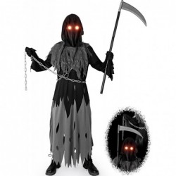 Kids Grim Reaper Costume with Glowing Red Eyes Scythe Death Costume Accessories for Halloween Dress Party $40.22 Kids' Costumes