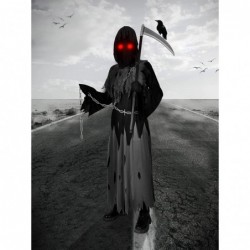 Kids Grim Reaper Costume with Glowing Red Eyes Scythe Death Costume Accessories for Halloween Dress Party $40.22 Kids' Costumes