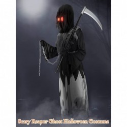 Kids Grim Reaper Costume with Glowing Red Eyes Scythe Death Costume Accessories for Halloween Dress Party $40.22 Kids' Costumes