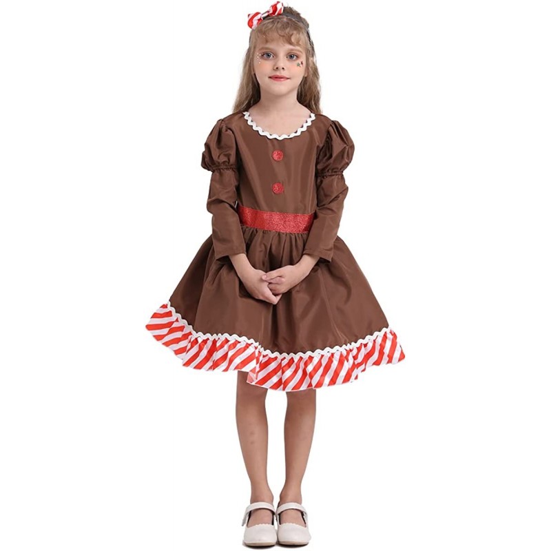 Gingerbread Man Dress Girls for Christmas Brown Gingerbread Costume Kids for Halloween Cosplay Party with Headband $48.34 Kid...