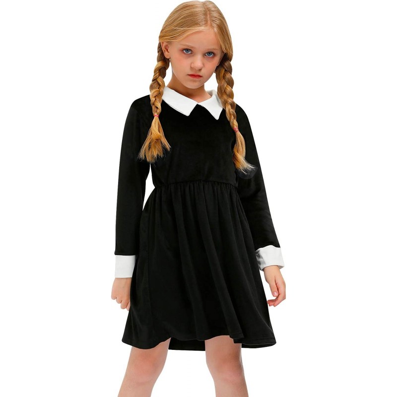 Halloween Girls Velvet Peter Pan Collar Swing Black Dress 4-12 Years $47.99 Kids' Costumes