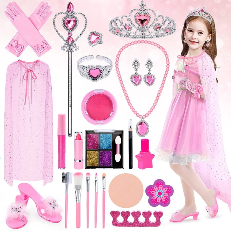 Princess Dress Up Accessories Toys for Girl Washable Kid Make Up Kit 26PCS Princess Jewelry Toys Dress Up Pretend Play Real M...